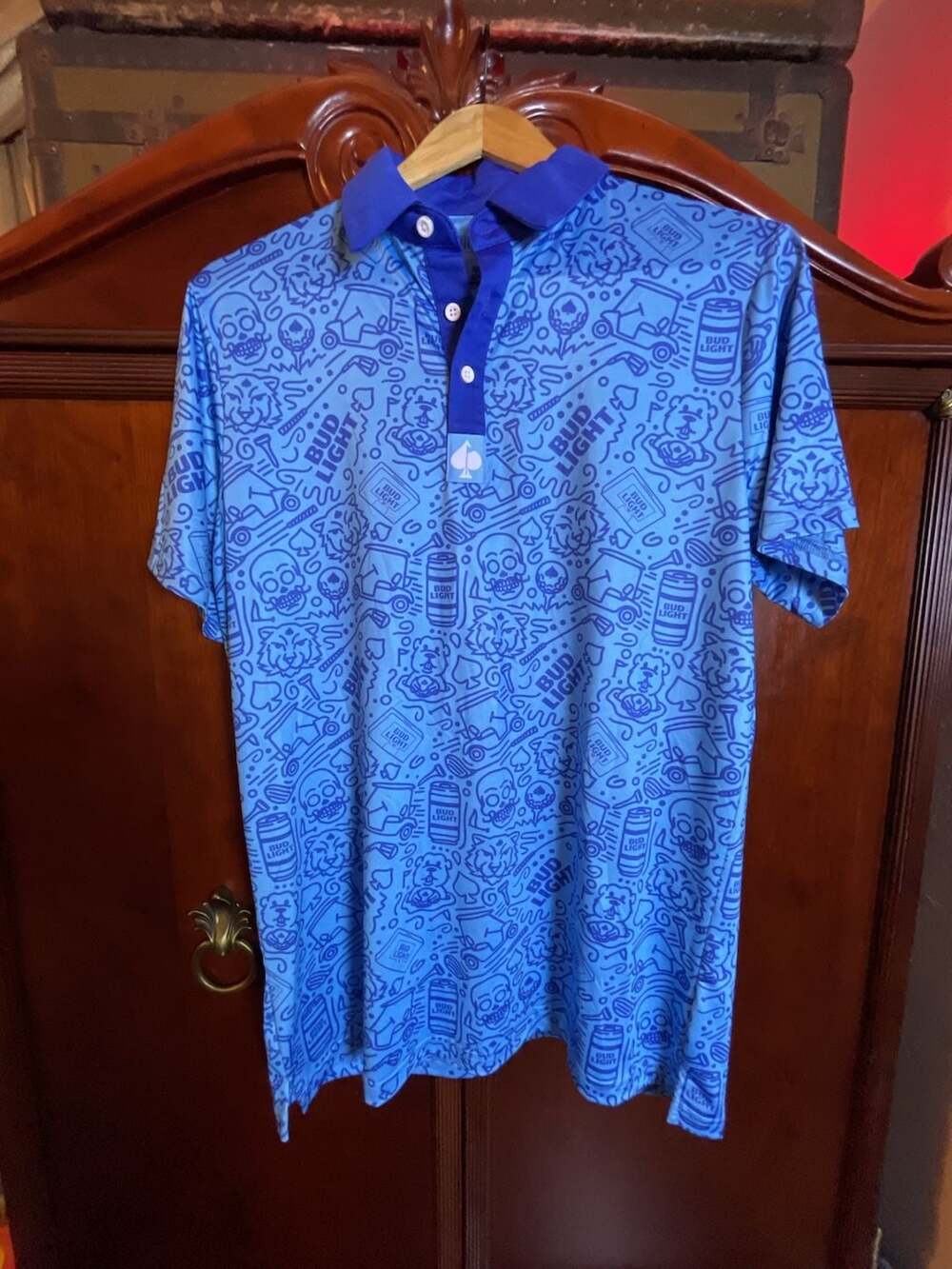 Pins & Aces Golf Co. Bud Light All-Over Print Polo Shirt Medium